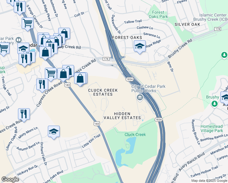 map of restaurants, bars, coffee shops, grocery stores, and more near 1199 North Kent Lane in Cedar Park