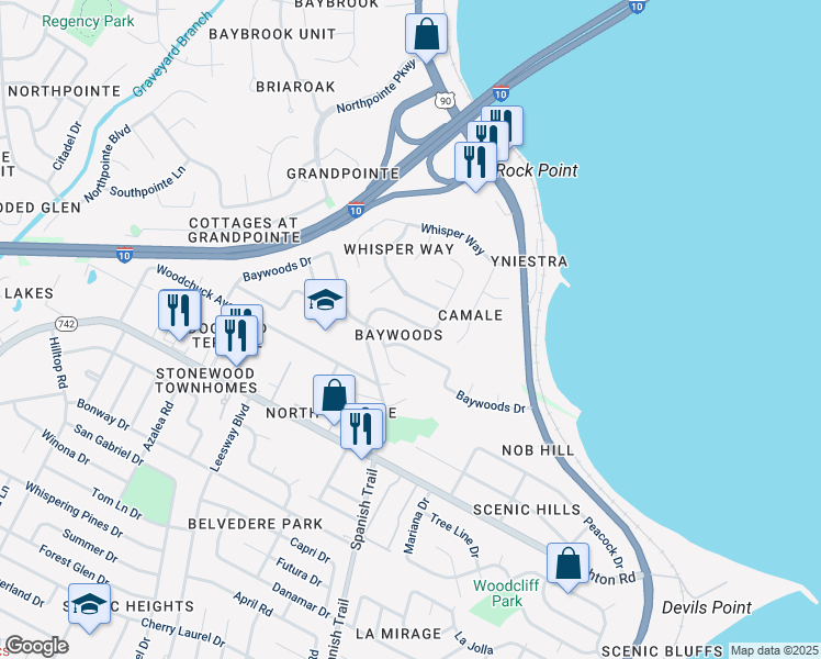map of restaurants, bars, coffee shops, grocery stores, and more near 7376 Baywoods Lane in Pensacola