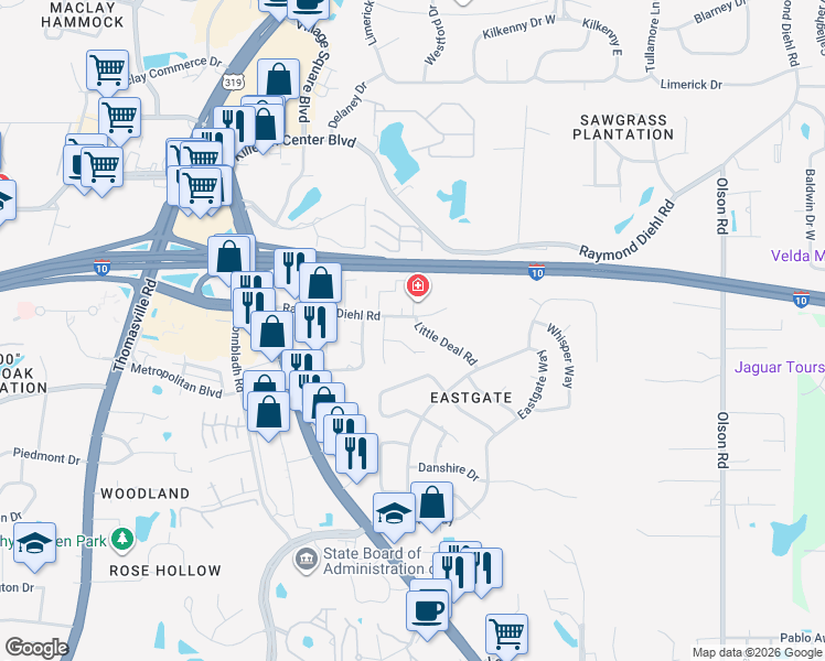 map of restaurants, bars, coffee shops, grocery stores, and more near 2844 Little Deal Road in Tallahassee
