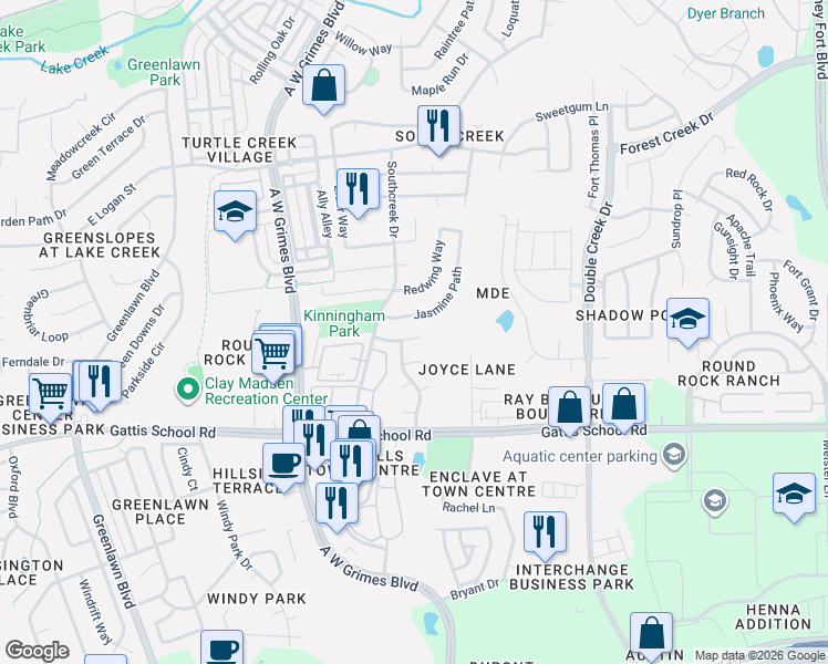map of restaurants, bars, coffee shops, grocery stores, and more near 2120 Juniper Trail Court in Round Rock