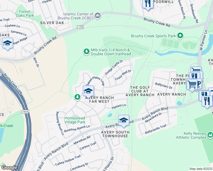 map of restaurants, bars, coffee shops, grocery stores, and more near 11412 Shallow Water Road in Austin