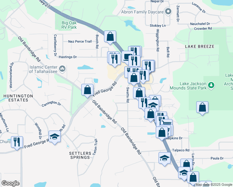 map of restaurants, bars, coffee shops, grocery stores, and more near 2226 Mandrell Court in Tallahassee