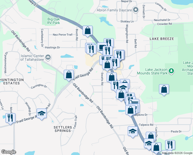 map of restaurants, bars, coffee shops, grocery stores, and more near 2214 Mandrell Court in Tallahassee