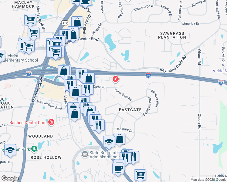 map of restaurants, bars, coffee shops, grocery stores, and more near 2838 Little Deal Road in Tallahassee