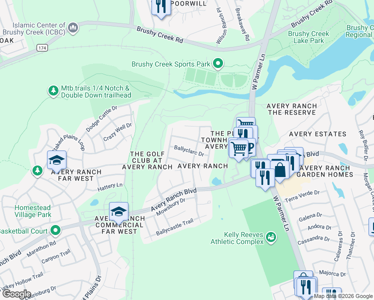 map of restaurants, bars, coffee shops, grocery stores, and more near 14529 Ballyclarc Drive in Austin