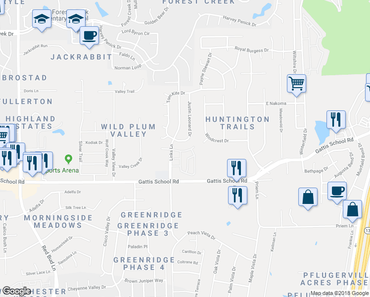map of restaurants, bars, coffee shops, grocery stores, and more near 404 Corral De Tierra Drive in Round Rock