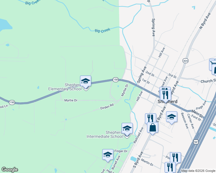 map of restaurants, bars, coffee shops, grocery stores, and more near 10500 Texas 150 in Shepherd