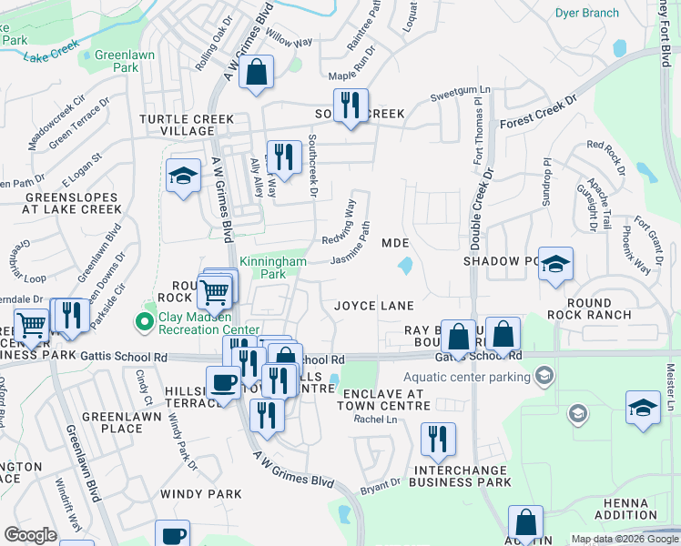 map of restaurants, bars, coffee shops, grocery stores, and more near 2120 Juniper Trail Court in Round Rock