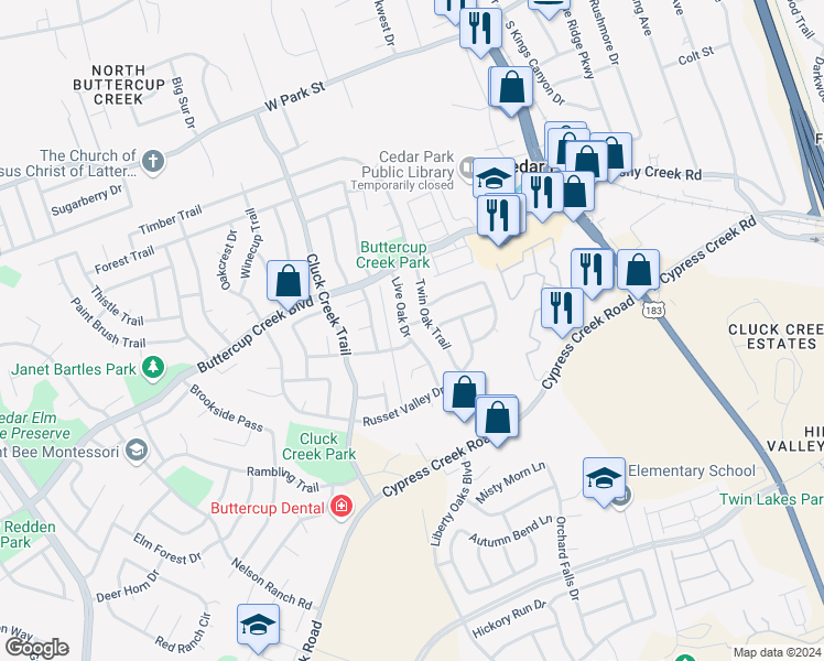 map of restaurants, bars, coffee shops, grocery stores, and more near 610 Live Oak Drive in Cedar Park