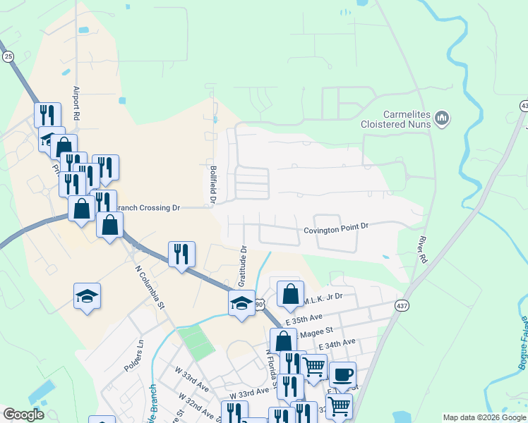 map of restaurants, bars, coffee shops, grocery stores, and more near 105 Saint John Circle in Covington