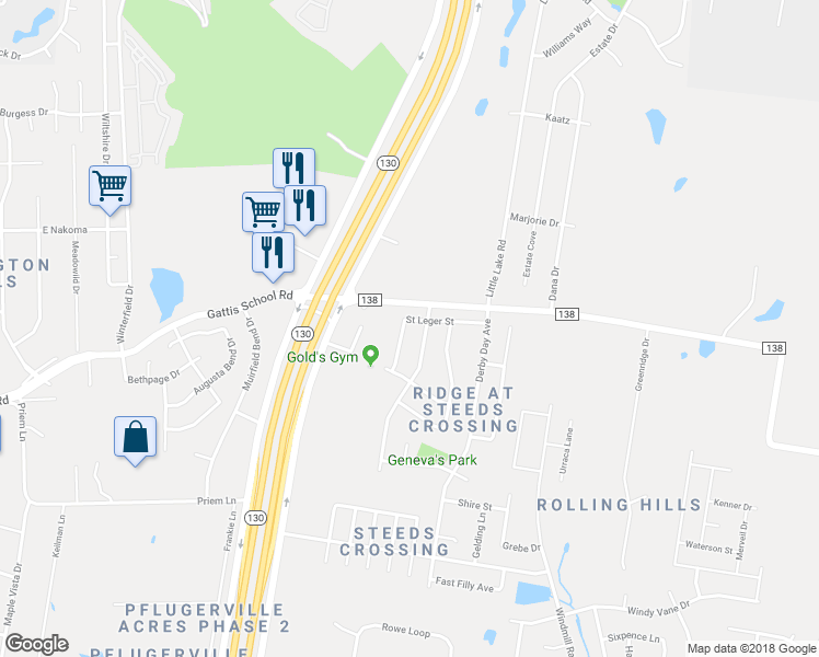 map of restaurants, bars, coffee shops, grocery stores, and more near 1425 St Leger St in Pflugerville