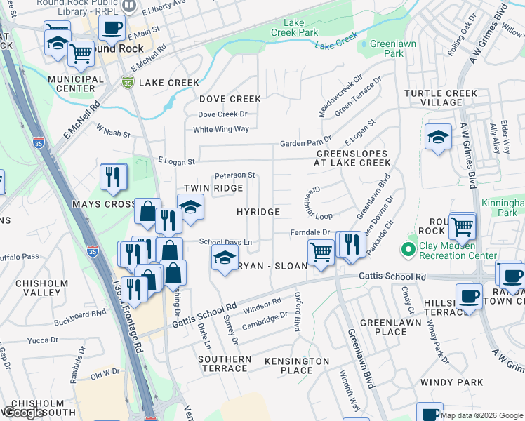 map of restaurants, bars, coffee shops, grocery stores, and more near 1106 Lawnmont Drive in Round Rock