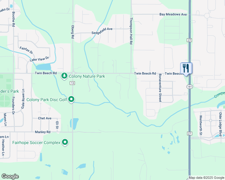 map of restaurants, bars, coffee shops, grocery stores, and more near 9376 Twin Beech Road in Fairhope