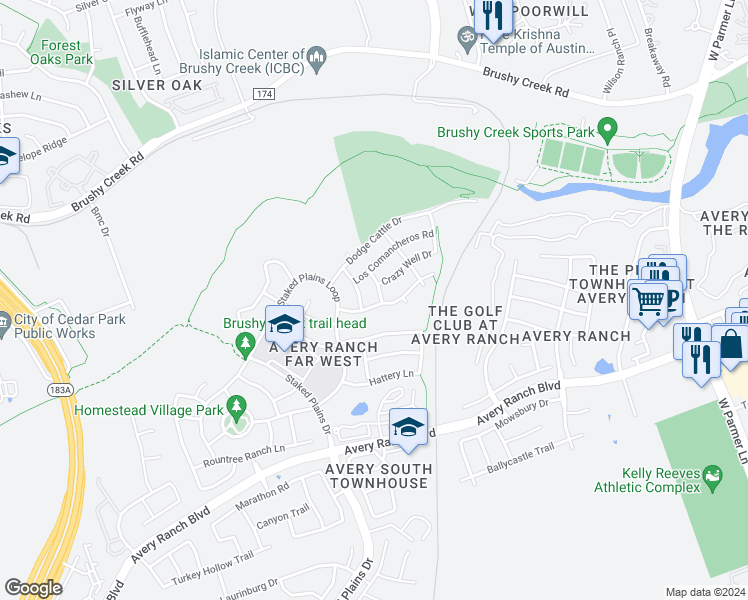 map of restaurants, bars, coffee shops, grocery stores, and more near 11304 Shallow Water Road in Austin