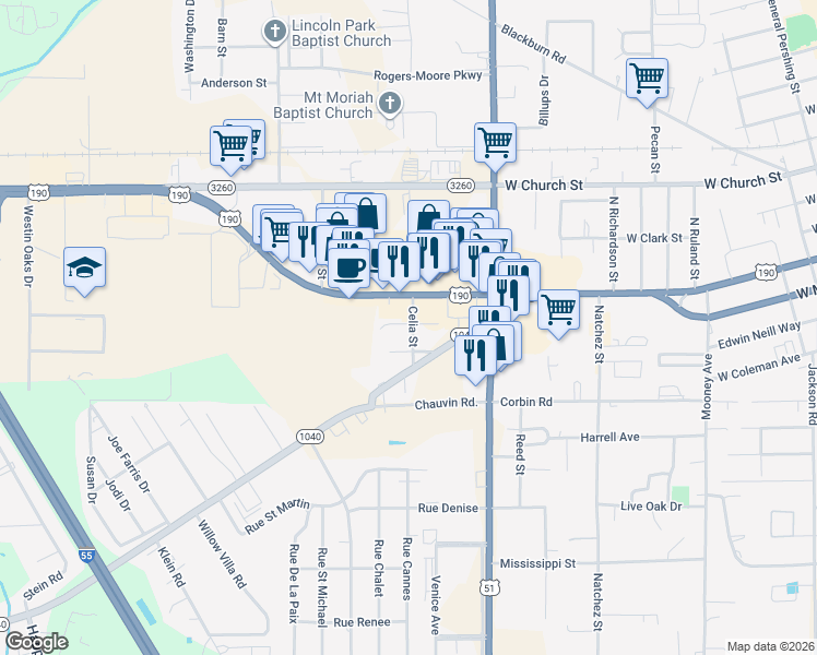 map of restaurants, bars, coffee shops, grocery stores, and more near 200 Celia Avenue in Hammond