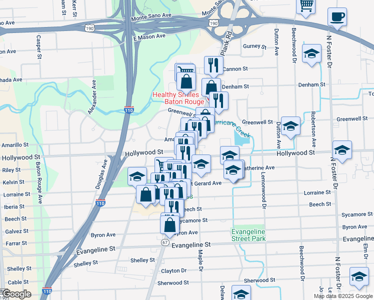 map of restaurants, bars, coffee shops, grocery stores, and more near 5555 Plank Road in Baton Rouge