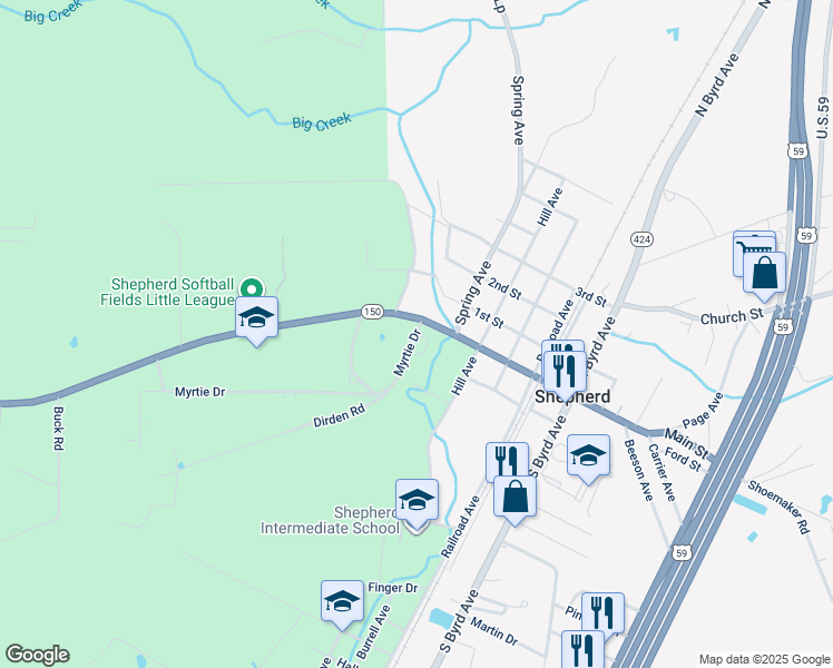 map of restaurants, bars, coffee shops, grocery stores, and more near 49 Myrtie Drive in Shepherd