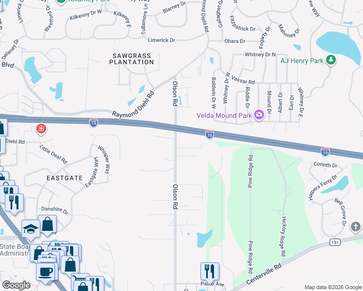 map of restaurants, bars, coffee shops, grocery stores, and more near 3157 Olson Road in Tallahassee