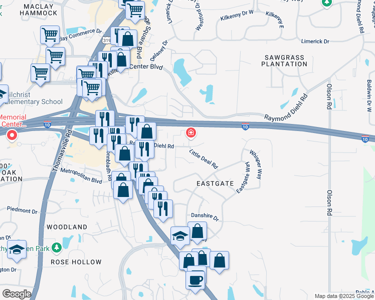 map of restaurants, bars, coffee shops, grocery stores, and more near 2838 Little Deal Road in Tallahassee