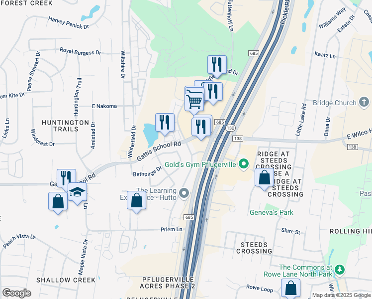 map of restaurants, bars, coffee shops, grocery stores, and more near 1508 Muirfield Bend Drive in Hutto