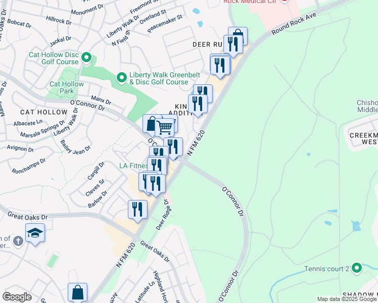 map of restaurants, bars, coffee shops, grocery stores, and more near 16900 Ranch Road 620 in Round Rock