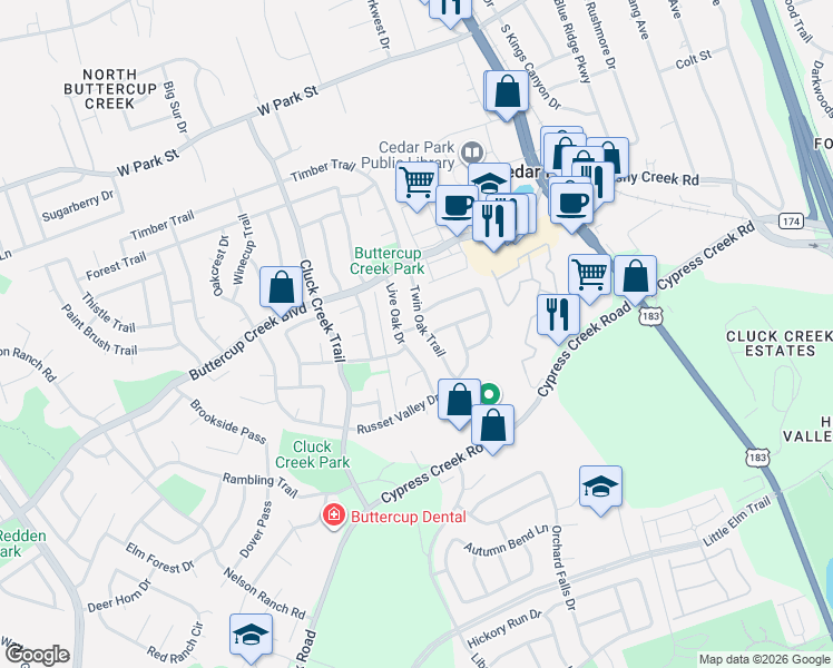 map of restaurants, bars, coffee shops, grocery stores, and more near 610 Live Oak Drive in Cedar Park