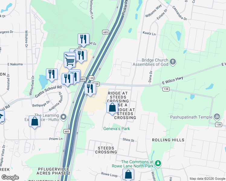 map of restaurants, bars, coffee shops, grocery stores, and more near 21318 Secretariat Ridge Lane in Pflugerville