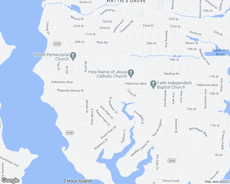 map of restaurants, bars, coffee shops, grocery stores, and more near 206 Island Lane in Niceville