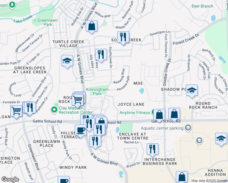 map of restaurants, bars, coffee shops, grocery stores, and more near 2108 Juniper Trail in Round Rock