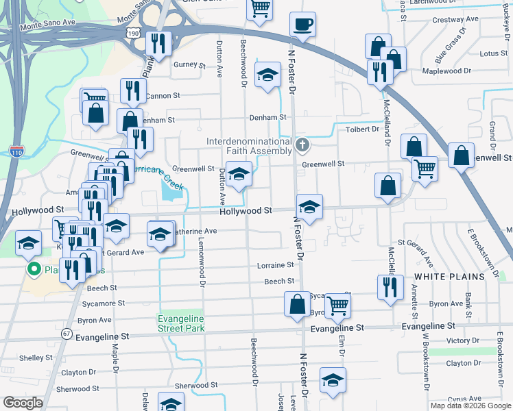 map of restaurants, bars, coffee shops, grocery stores, and more near 4747 Hollywood Street in Baton Rouge