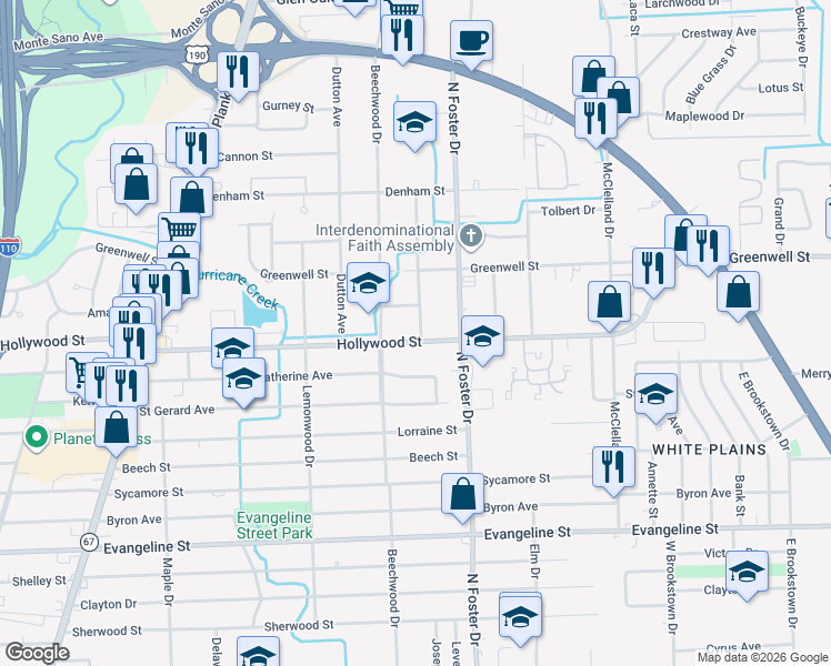 map of restaurants, bars, coffee shops, grocery stores, and more near 4747 Hollywood Street in Baton Rouge