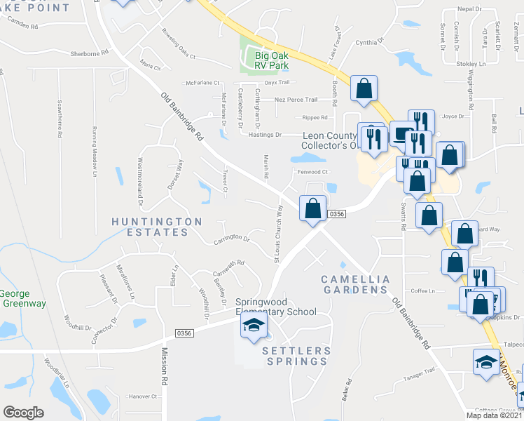 map of restaurants, bars, coffee shops, grocery stores, and more near 3631 Fred George Court in Tallahassee