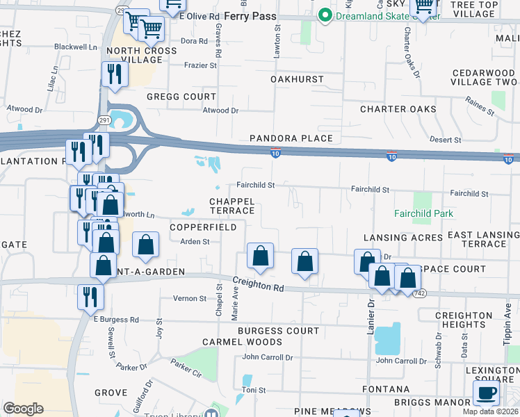 map of restaurants, bars, coffee shops, grocery stores, and more near 1300 Fairchild Street in Pensacola
