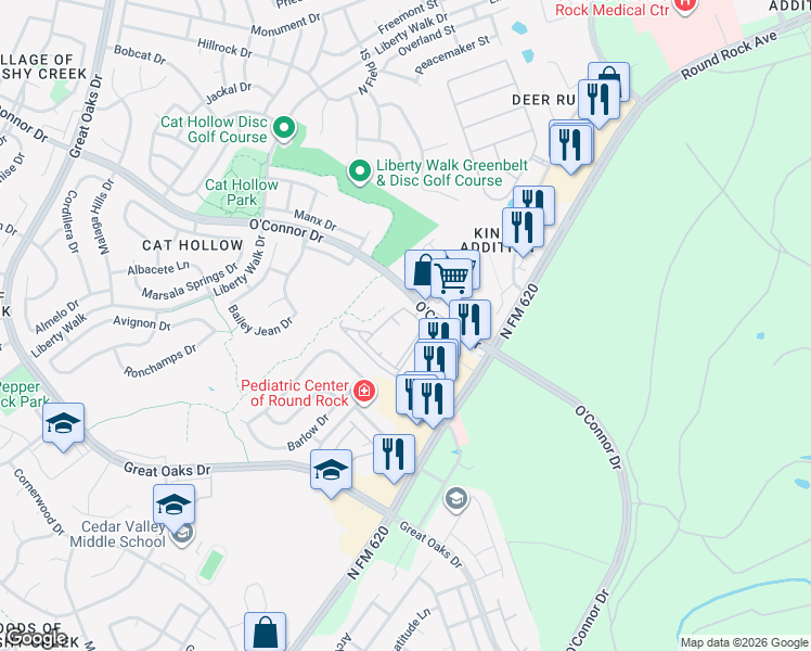 map of restaurants, bars, coffee shops, grocery stores, and more near 7711 O'Connor Drive in Round Rock