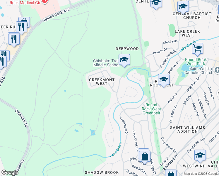 map of restaurants, bars, coffee shops, grocery stores, and more near 602 Creekmont Drive in Round Rock