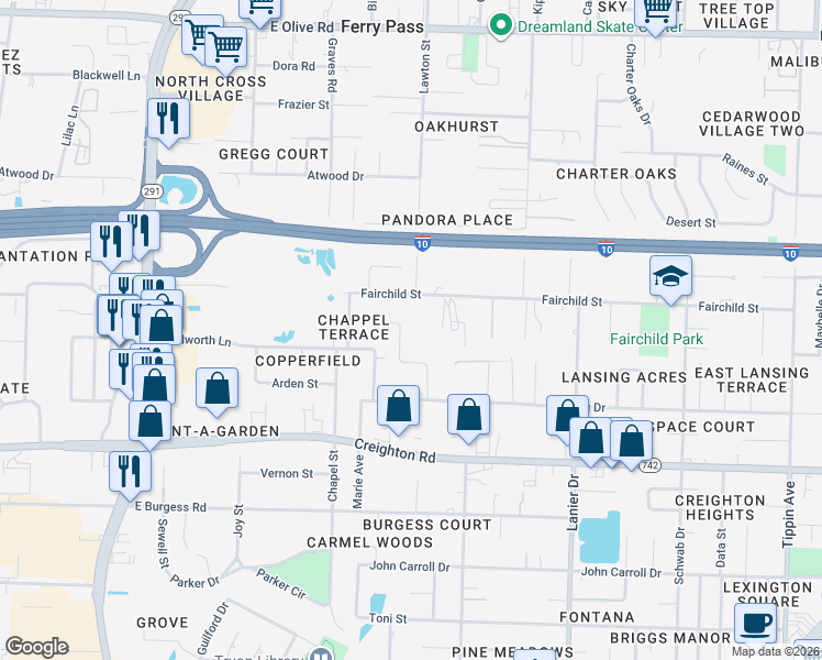 map of restaurants, bars, coffee shops, grocery stores, and more near 1300 Fairchild Street in Pensacola