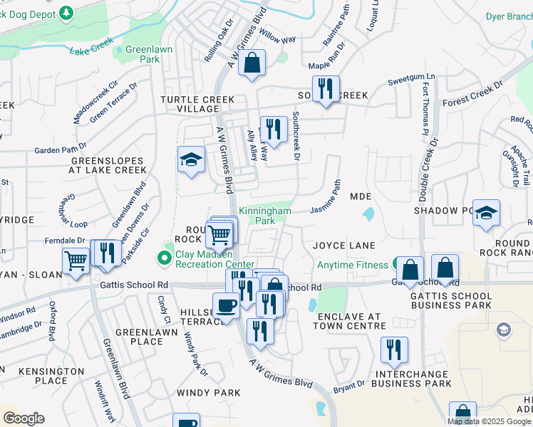 map of restaurants, bars, coffee shops, grocery stores, and more near 1000 Southcreek Drive in Round Rock