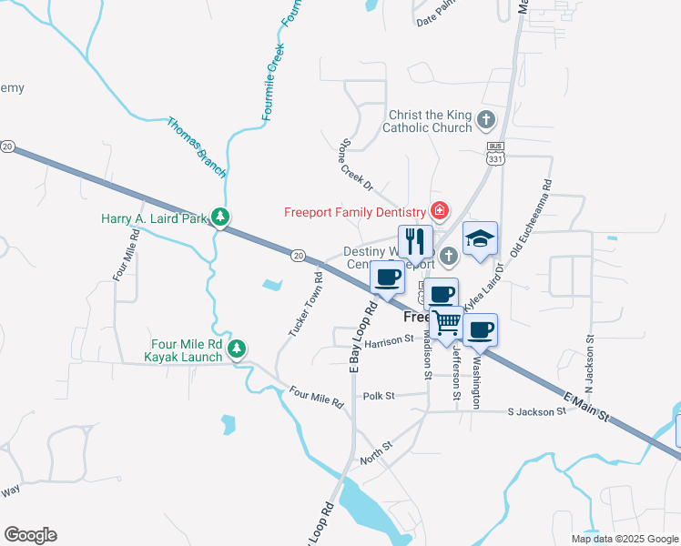 map of restaurants, bars, coffee shops, grocery stores, and more near Florida 20 in Freeport