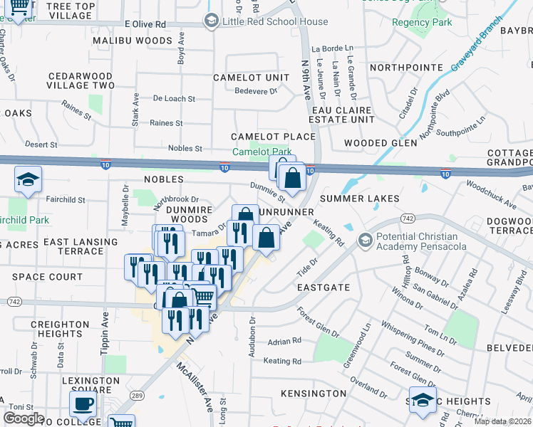 map of restaurants, bars, coffee shops, grocery stores, and more near 7155 North 9th Avenue in Pensacola