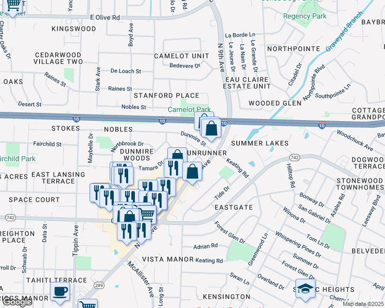 map of restaurants, bars, coffee shops, grocery stores, and more near 7155 North 9th Avenue in Pensacola