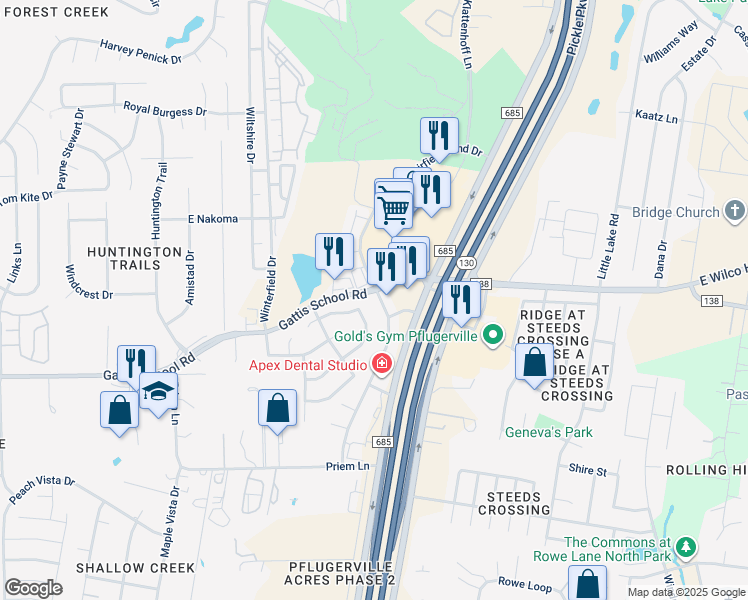 map of restaurants, bars, coffee shops, grocery stores, and more near 1508 Muirfield Bend Drive in Hutto
