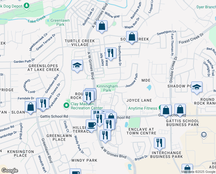map of restaurants, bars, coffee shops, grocery stores, and more near 1000 Southcreek Drive in Round Rock