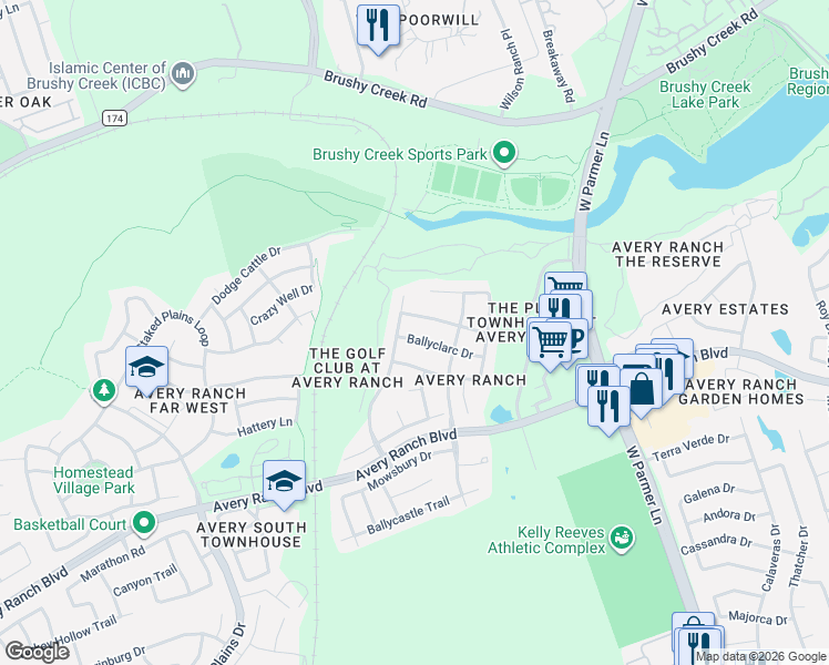map of restaurants, bars, coffee shops, grocery stores, and more near 14509 Ballyclarc Drive in Austin