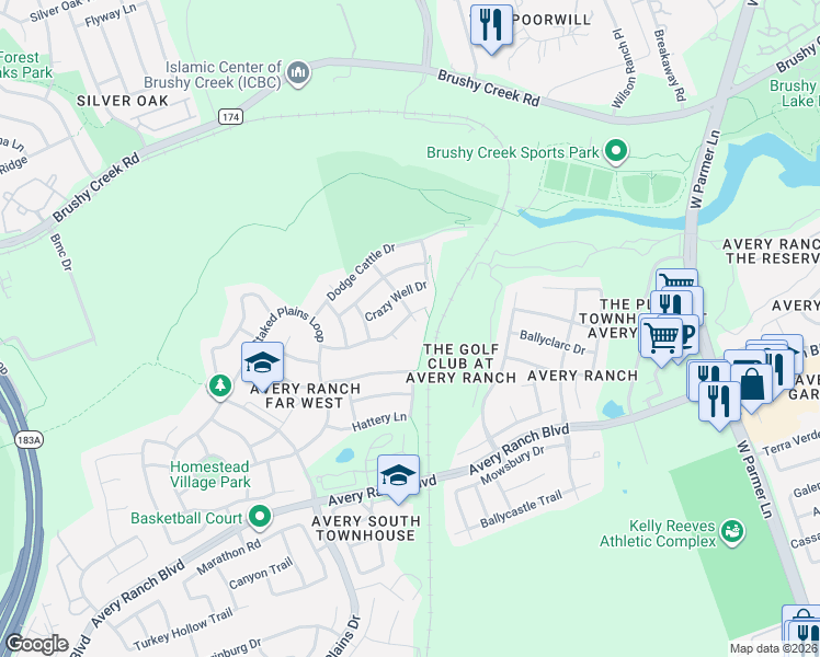 map of restaurants, bars, coffee shops, grocery stores, and more near 14701 Shallow Water Cove in Austin