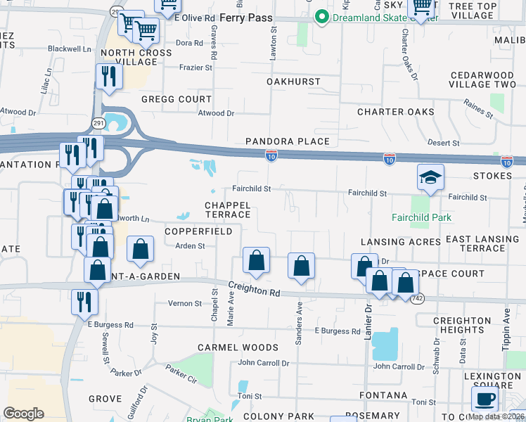 map of restaurants, bars, coffee shops, grocery stores, and more near 1300 Fairchild Street in Pensacola