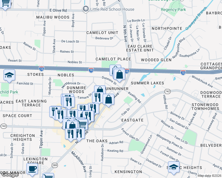 map of restaurants, bars, coffee shops, grocery stores, and more near 7171 North 9th Avenue in Pensacola
