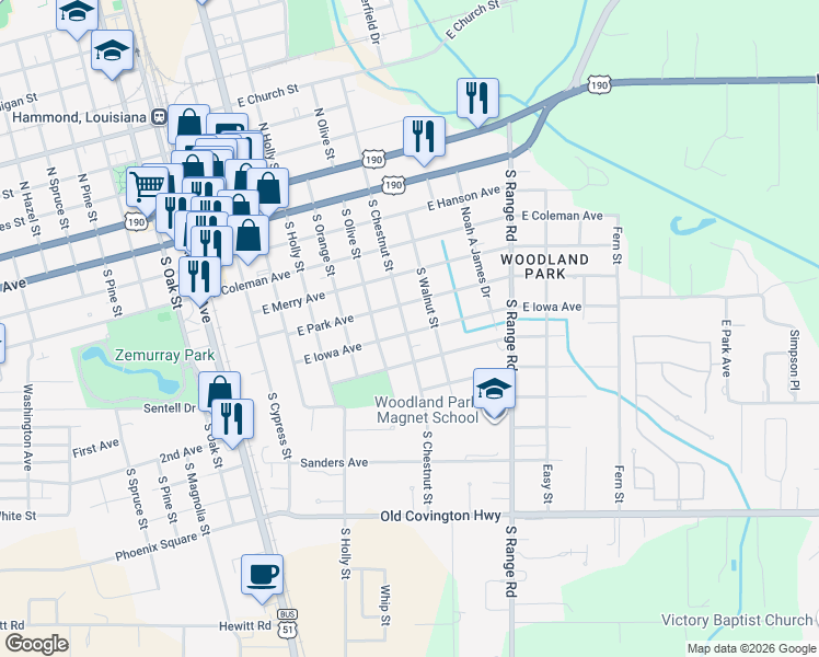 map of restaurants, bars, coffee shops, grocery stores, and more near 701 Iowa Street in Hammond