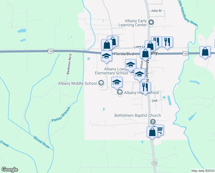 map of restaurants, bars, coffee shops, grocery stores, and more near 29801 Reeves Street in Albany