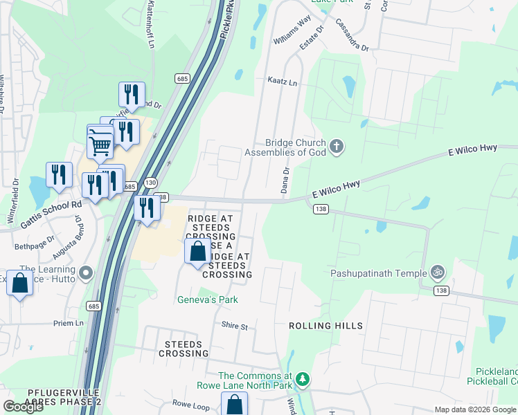 map of restaurants, bars, coffee shops, grocery stores, and more near 21417 Grand National Avenue in Pflugerville
