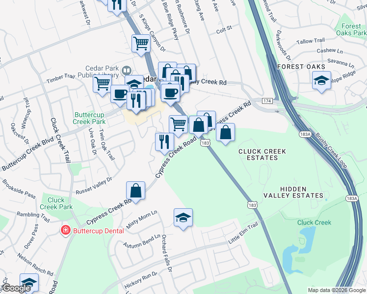 map of restaurants, bars, coffee shops, grocery stores, and more near 400 Cypress Creek Road in Cedar Park